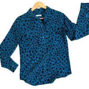 Equipment Black Blue Leopard Print Silk Long Sleeve Blouse Extra Small